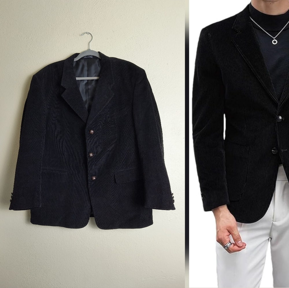 Zagato 42 Short Black Corduroy Blazer Notched Lapels Sport Coat